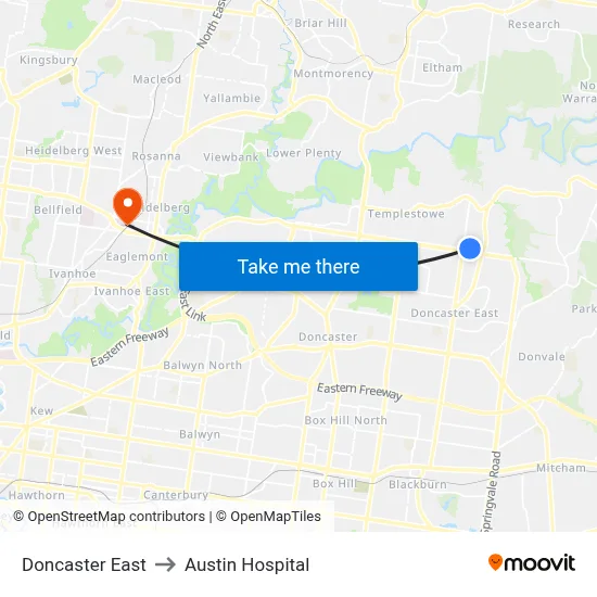 Doncaster East to Austin Hospital map