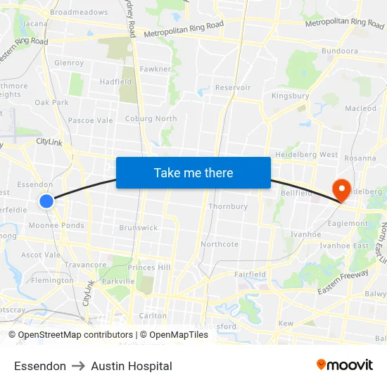 Essendon to Austin Hospital map