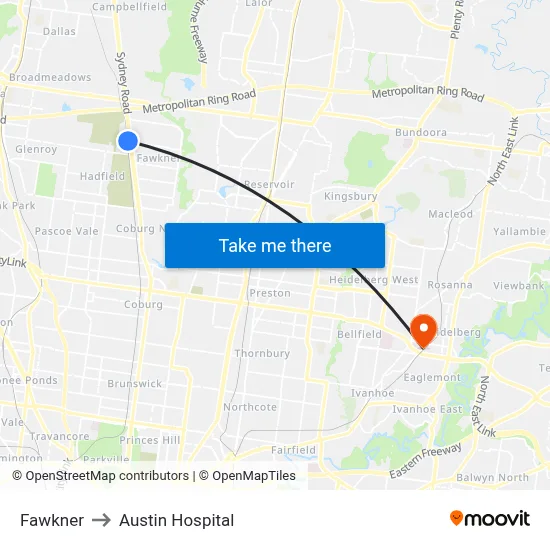 Fawkner to Austin Hospital map