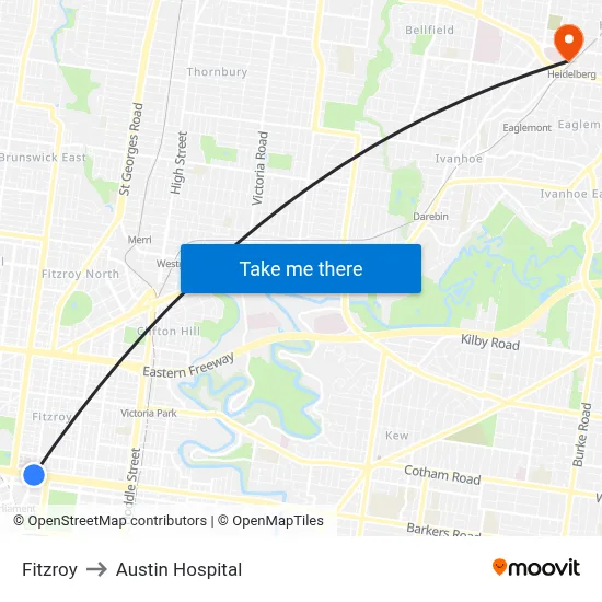 Fitzroy to Austin Hospital map