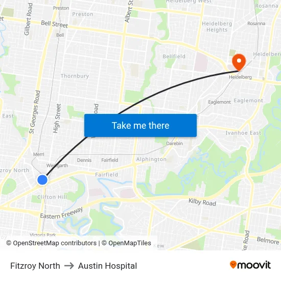 Fitzroy North to Austin Hospital map