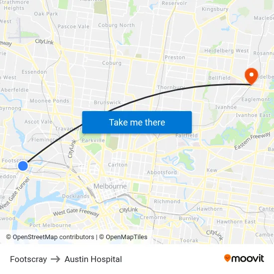 Footscray to Austin Hospital map