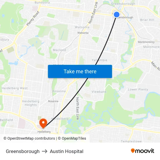 Greensborough to Austin Hospital map