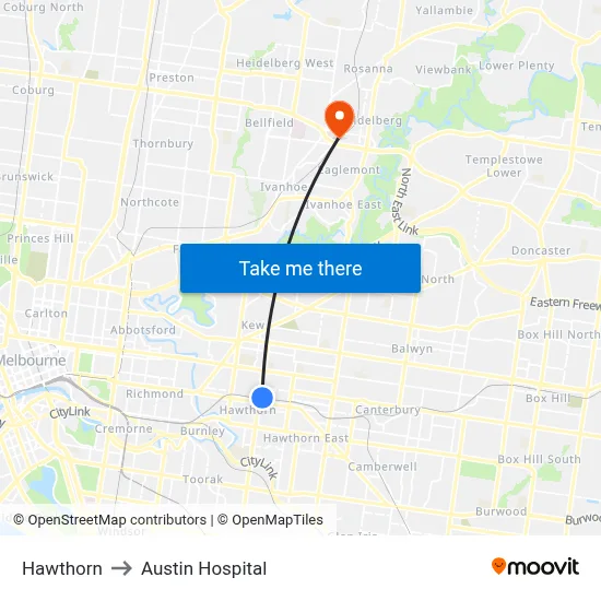Hawthorn to Austin Hospital map