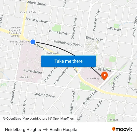 Heidelberg Heights to Austin Hospital map