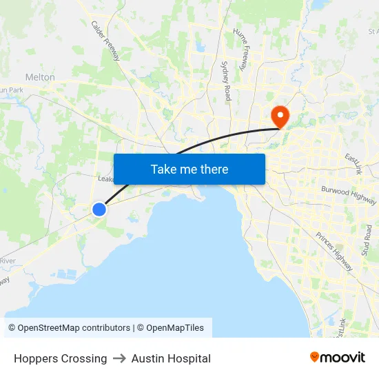 Hoppers Crossing to Austin Hospital map