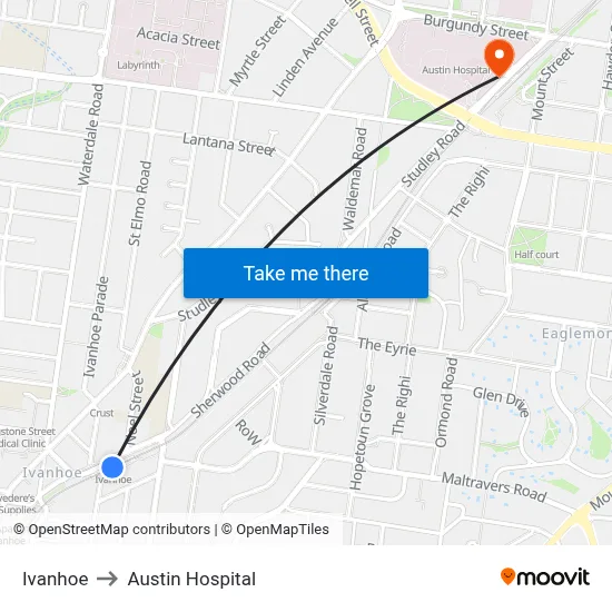 Ivanhoe to Austin Hospital map