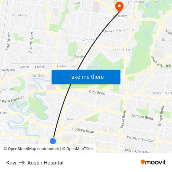 Kew to Austin Hospital map