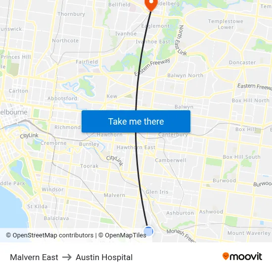 Malvern East to Austin Hospital map