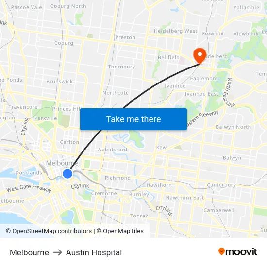 Melbourne to Austin Hospital map
