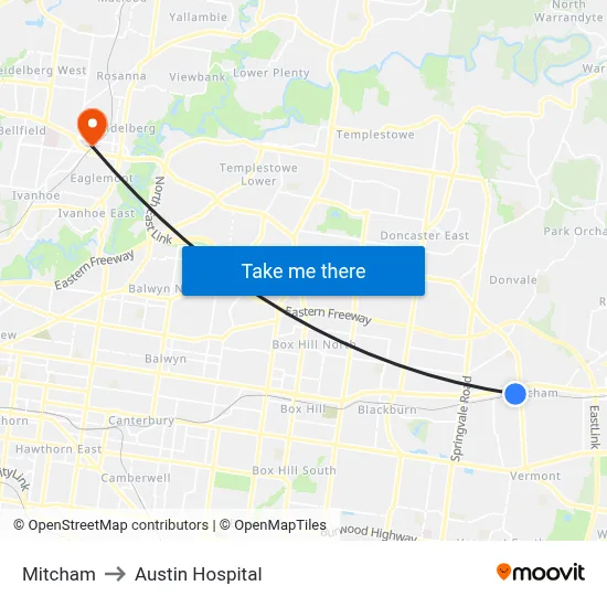 Mitcham to Austin Hospital map
