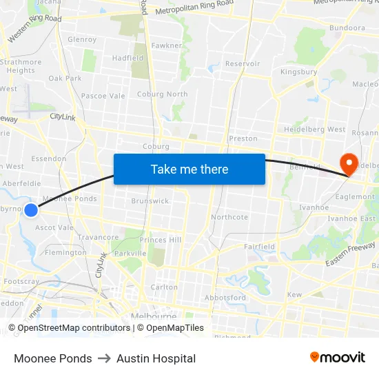 Moonee Ponds to Austin Hospital map