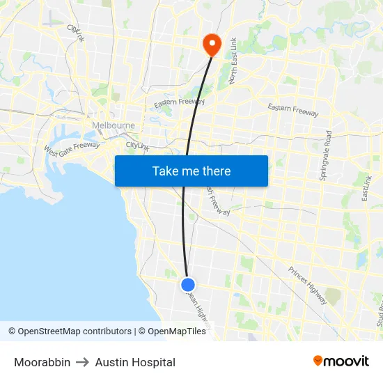 Moorabbin to Austin Hospital map