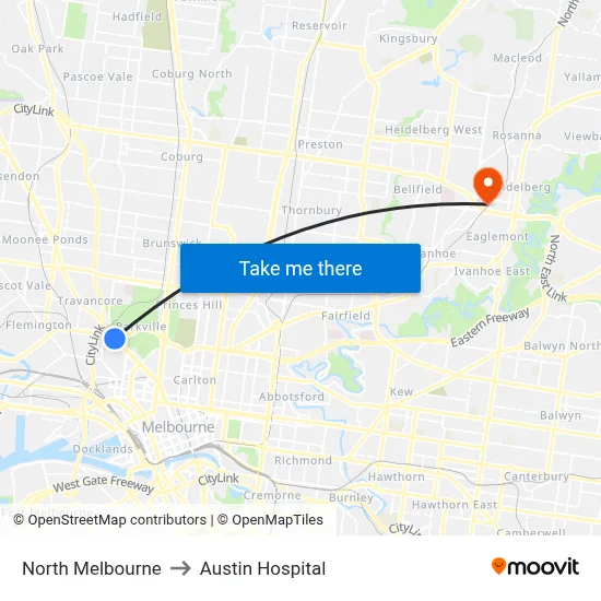 North Melbourne to Austin Hospital map