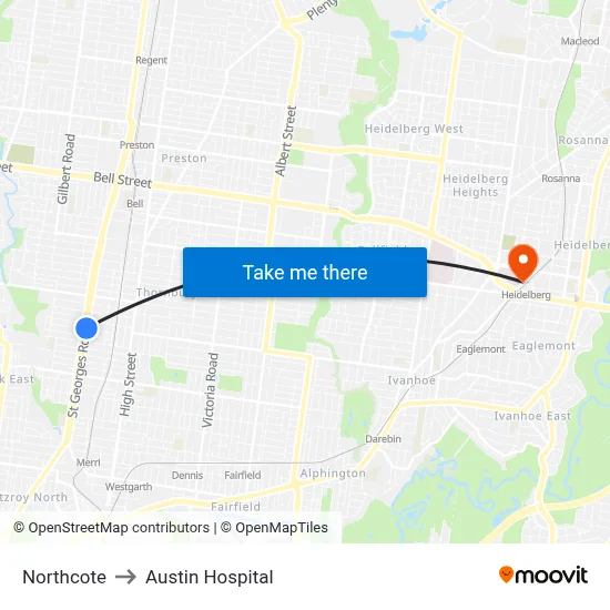 Northcote to Austin Hospital map