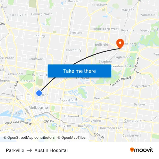 Parkville to Austin Hospital map