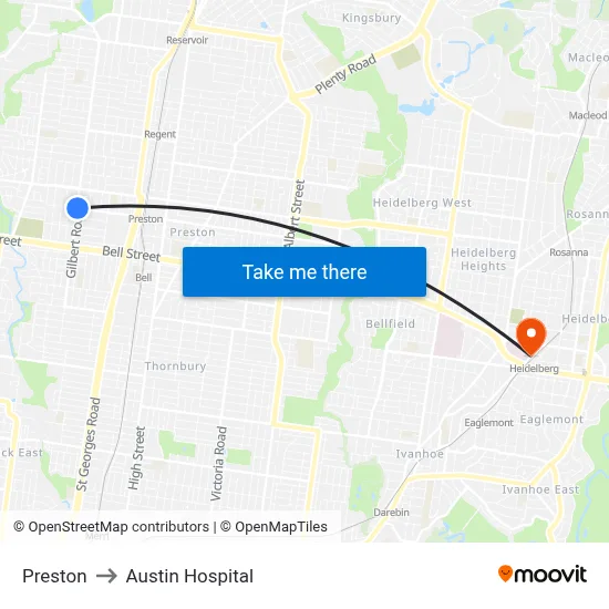 Preston to Austin Hospital map