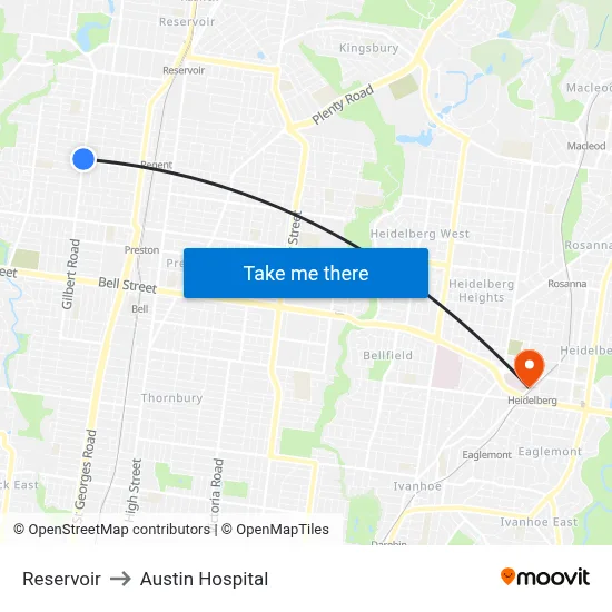 Reservoir to Austin Hospital map