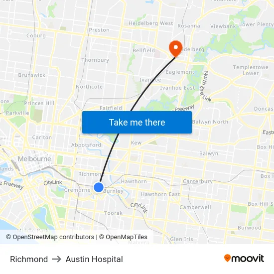 Richmond to Austin Hospital map