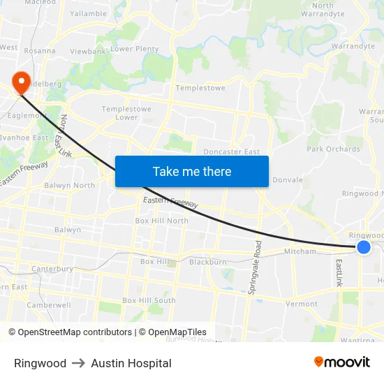 Ringwood to Austin Hospital map
