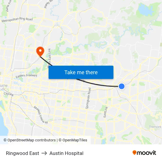 Ringwood East to Austin Hospital map