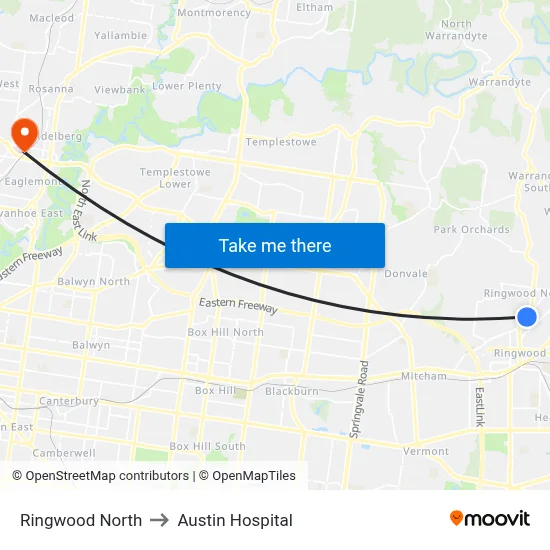 Ringwood North to Austin Hospital map