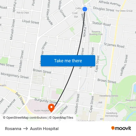 Rosanna to Austin Hospital map