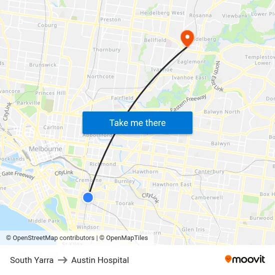 South Yarra to Austin Hospital map