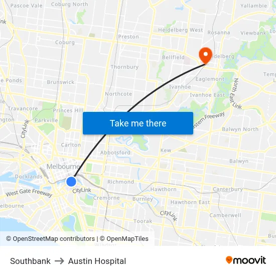 Southbank to Austin Hospital map