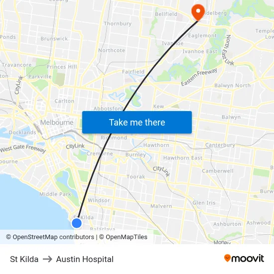 St Kilda to Austin Hospital map