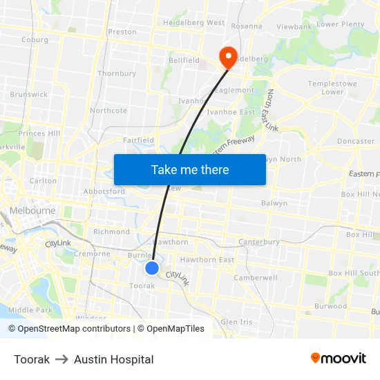 Toorak to Austin Hospital map