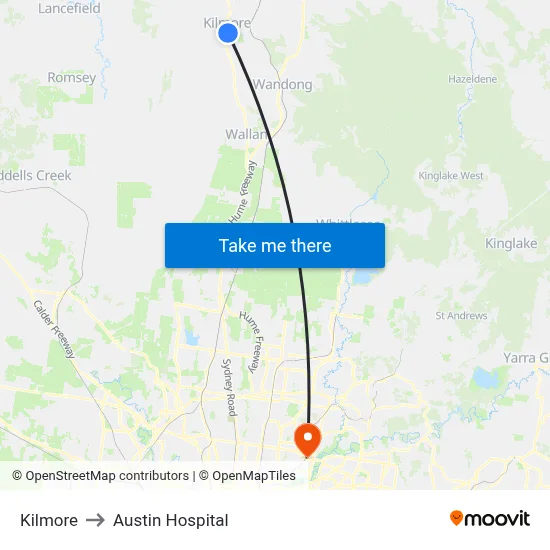 Kilmore to Austin Hospital map