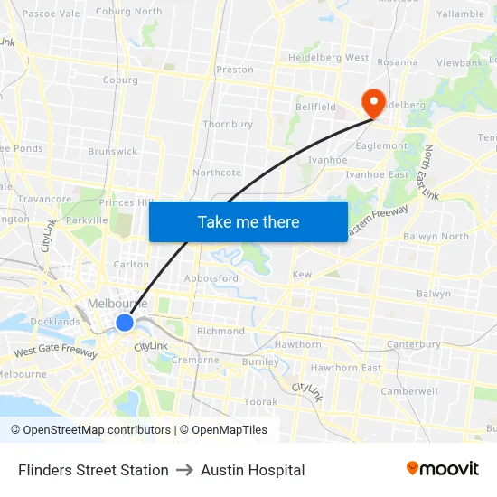Flinders Street Station to Austin Hospital map
