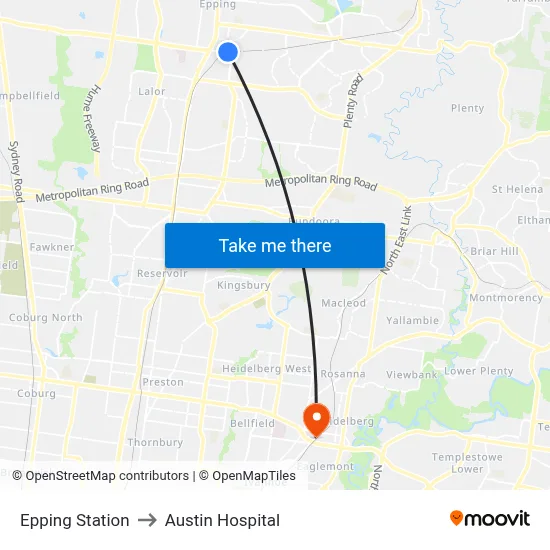 Epping Station to Austin Hospital map