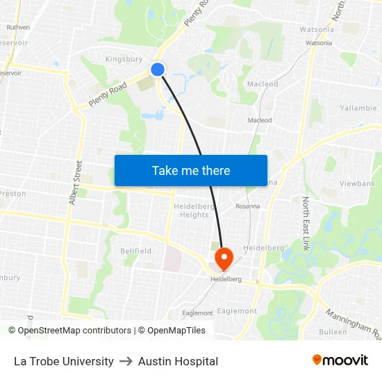 La Trobe University to Austin Hospital map