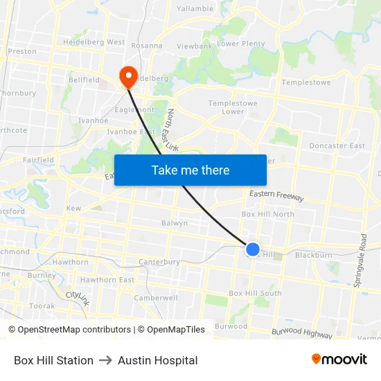 Box Hill Station to Austin Hospital map