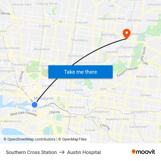 Southern Cross Station to Austin Hospital map