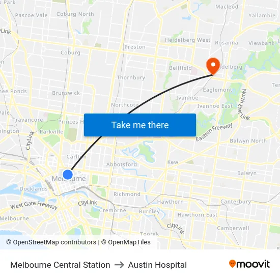 Melbourne Central Station to Austin Hospital map