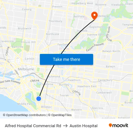 Alfred Hospital Commercial Rd to Austin Hospital map
