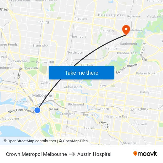 Crown Metropol Melbourne to Austin Hospital map