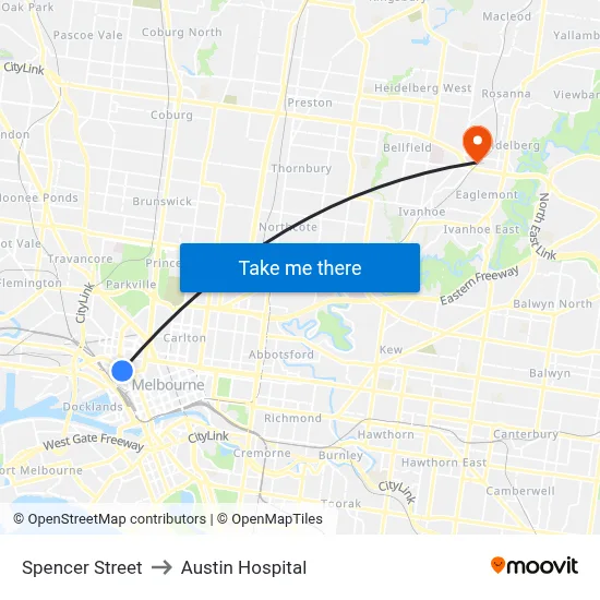 Spencer Street to Austin Hospital map