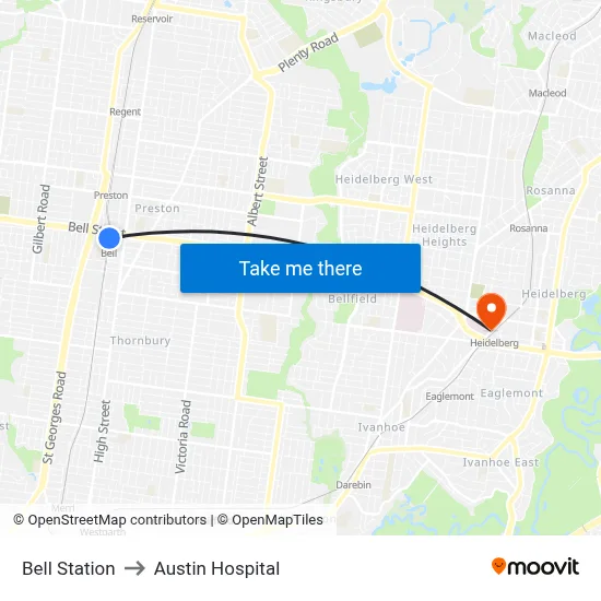 Bell Station to Austin Hospital map