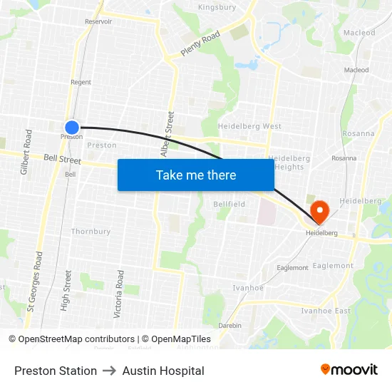 Preston Station to Austin Hospital map