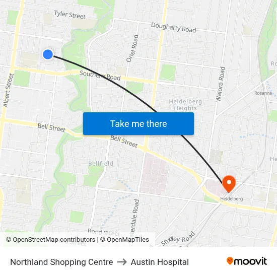 Northland Shopping Centre to Austin Hospital map