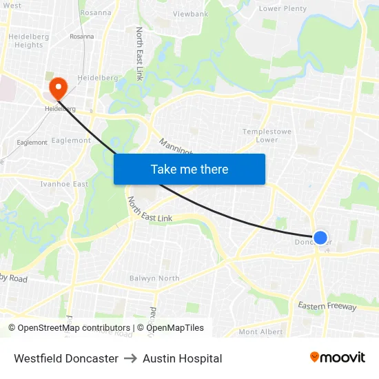 Westfield Doncaster to Austin Hospital map