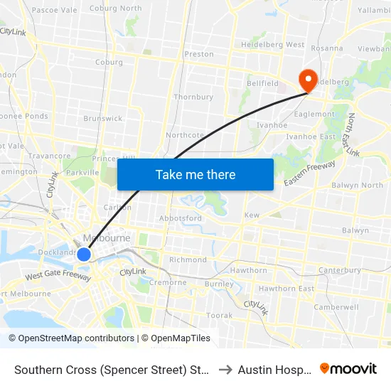 Southern Cross (Spencer Street) Station to Austin Hospital map
