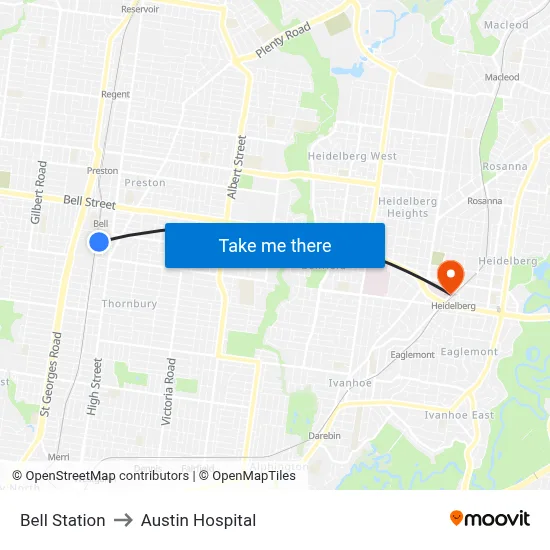 Bell Station to Austin Hospital map