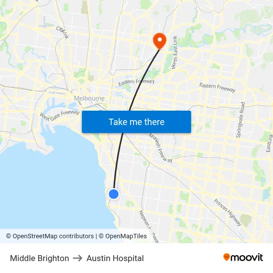Middle Brighton to Austin Hospital map