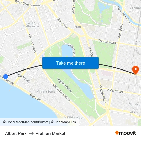 Albert Park to Prahran Market map