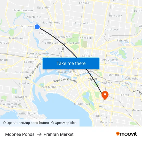 Moonee Ponds to Prahran Market map